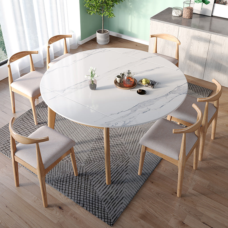 Modern Round Dining Table White Sintered Stone Dining Table with Wooden Base