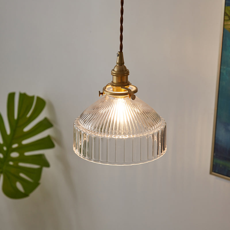 Sala da pranzo geometrica sospesa a sospensione in vetro a costola trasparente 1 luce in ottone appeso