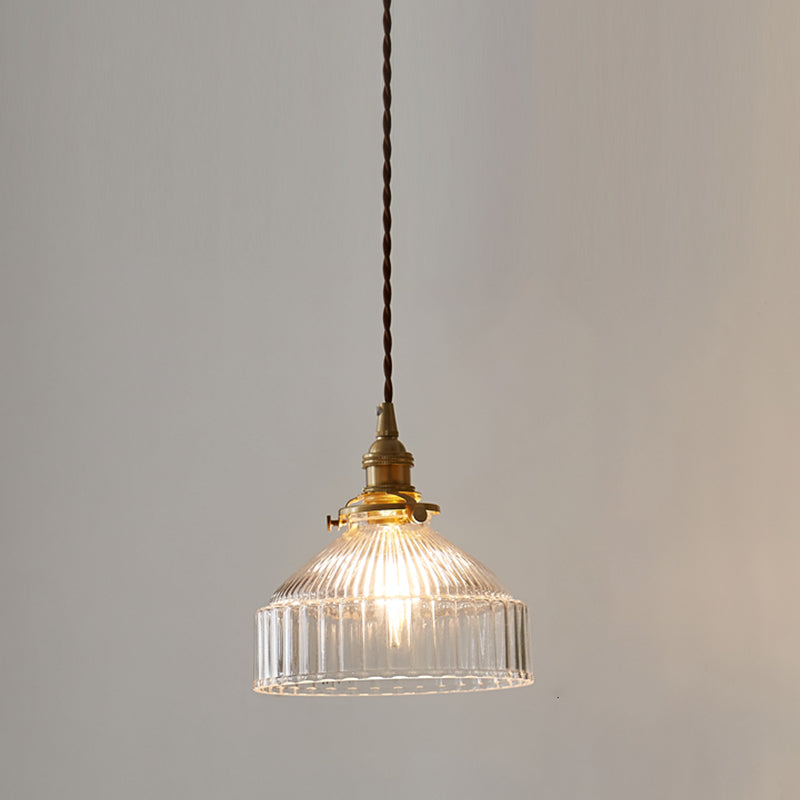 Sala da pranzo geometrica sospesa a sospensione in vetro a costola trasparente 1 luce in ottone appeso