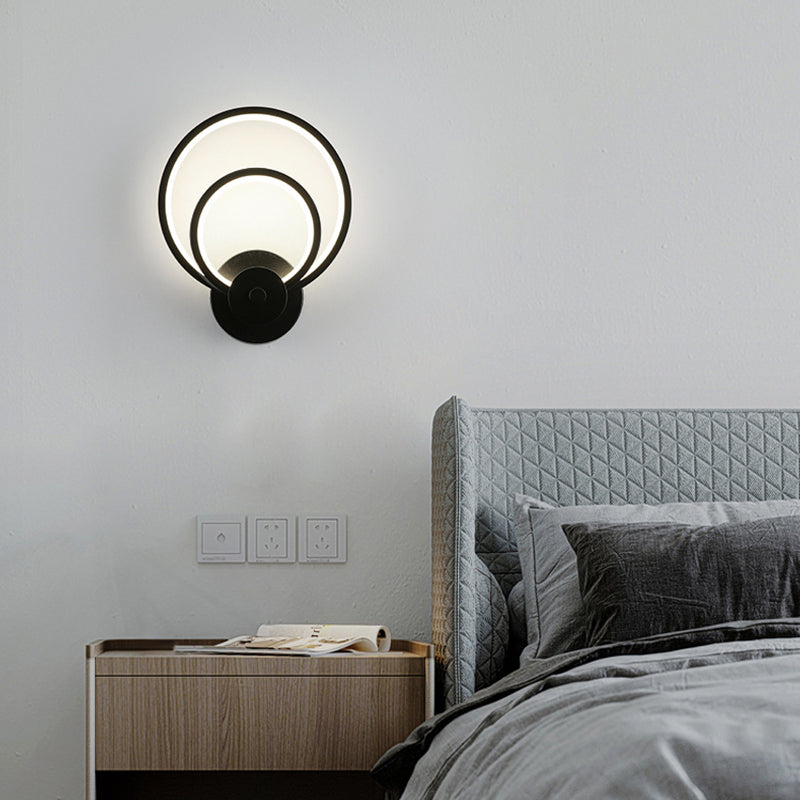LED Bedroom Sconce Light Fixture Minimalist Black Wall Lighting with Circle Metal Shade