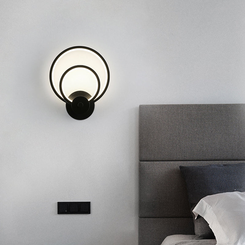 LED Bedroom Sconce Light Fixture Minimalist Black Wall Lighting with Circle Metal Shade