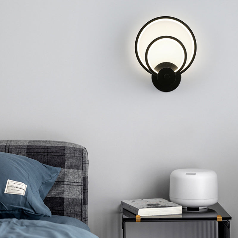 LED Bedroom Sconce Light Fixture Minimalist Black Wall Lighting with Circle Metal Shade