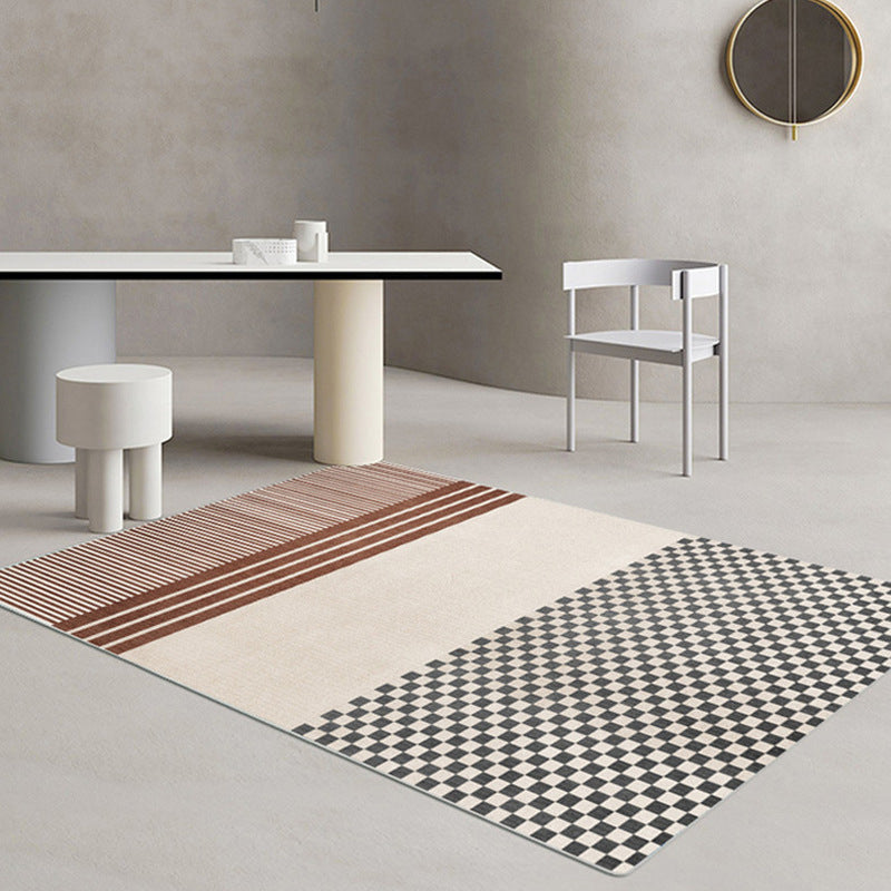 Brown Modern Rug Square Grid Rug Non-Slip Backing Rug for Living Room