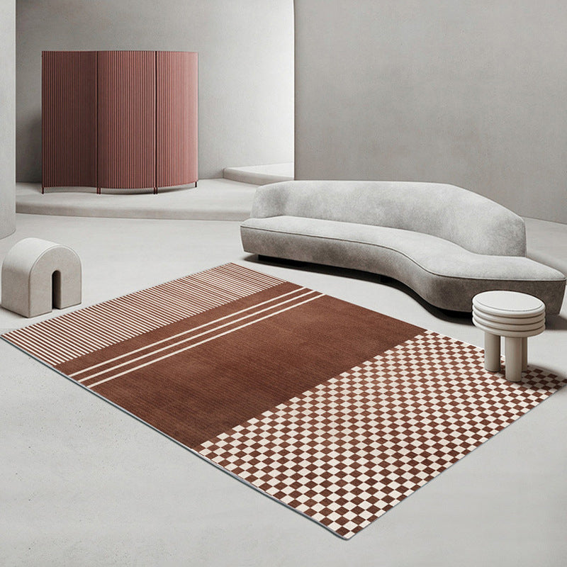 Brown Modern Rug Square Grid Rug Non-Slip Backing Rug for Living Room