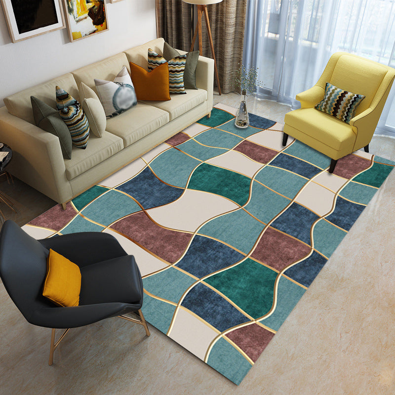 Blue Modern Rug Polyester Check Area Rug Washable Rug for Living Room