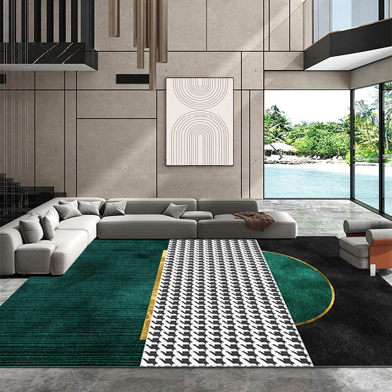 Dark Green Color Block Rug Polyester Modern Rug Non-Slip Backing Rug for Drawing Room
