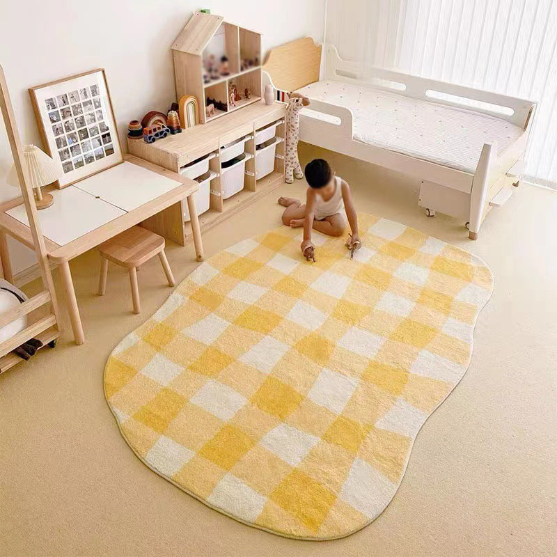 Yellow Check Rug Polyester Simple Rug Stain Resistant Rug for Home Decor