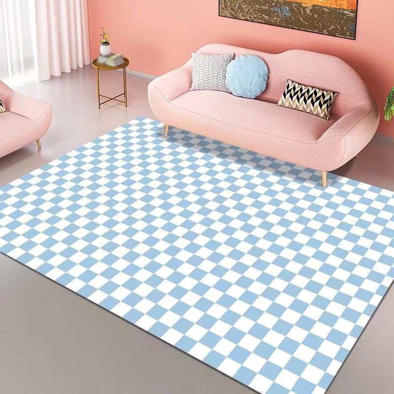 Light Blue Grid Rug Polyester Modern Rug Non-Slip Backing Rug for Living Room