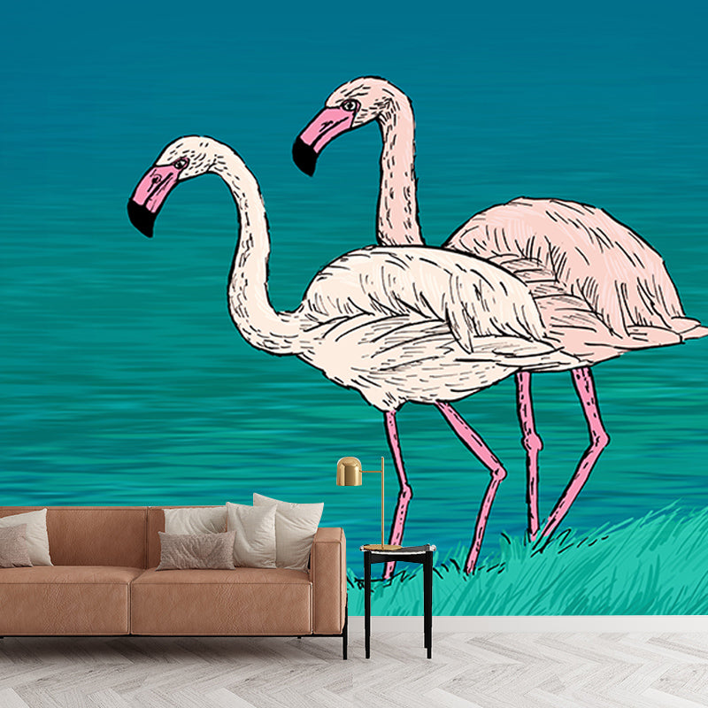 Flamingo Illustration Mural Wallpaper Water Resistant Wall Covering for Home