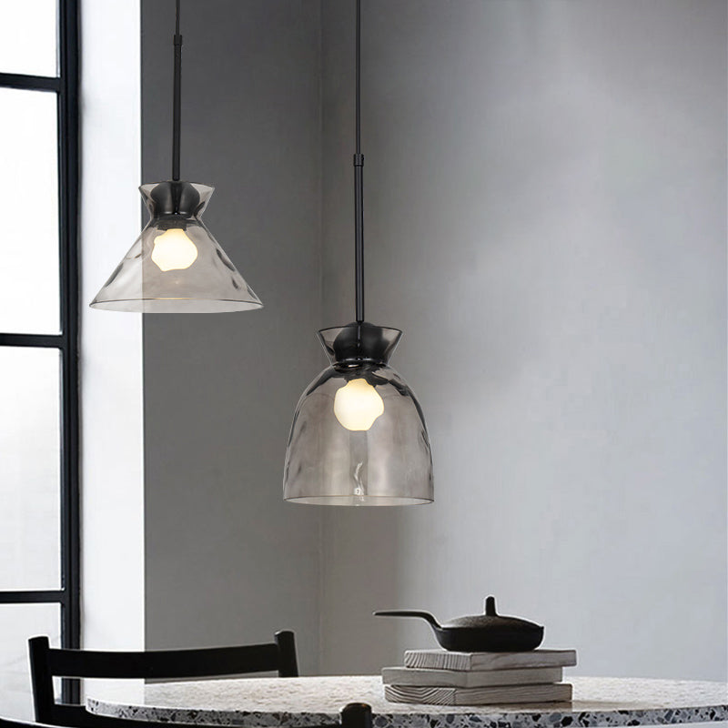 Ripple Glass Black Hanging Lamp in Modern Style Lacquered Iron Pendant Light for Dining Room