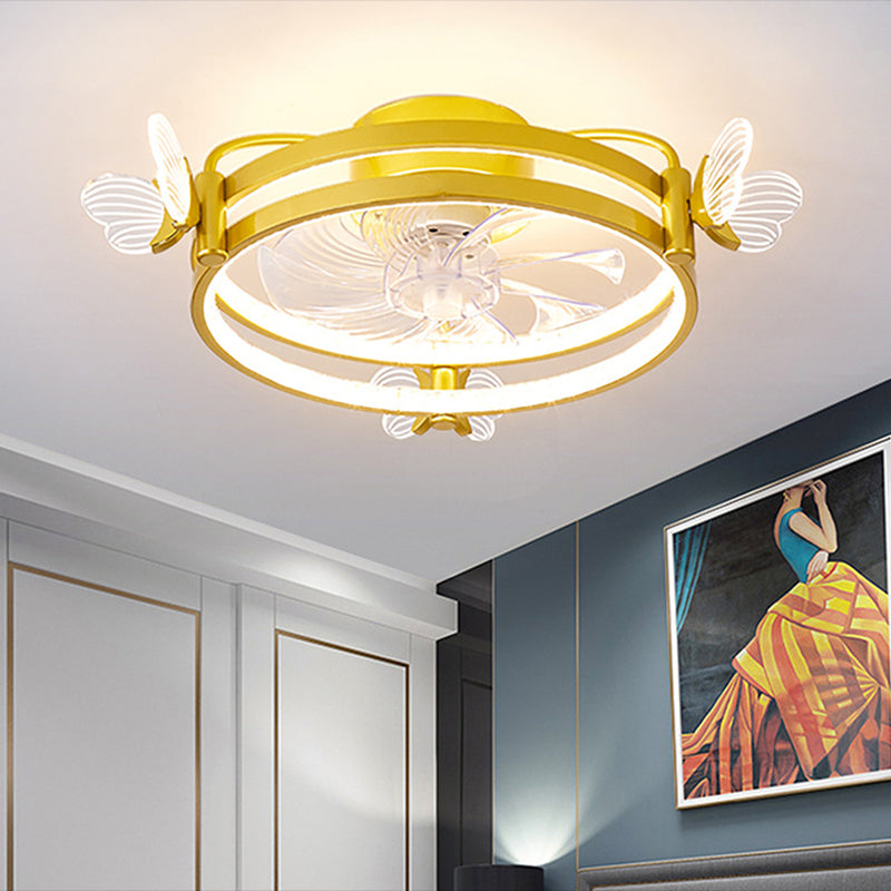 Macaron Circular Ceiling Fan Light Acrylic Bedroom Semi Flush Ceiling Light