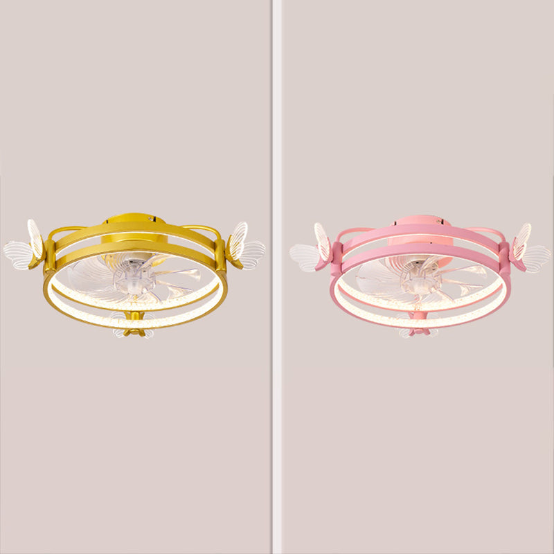 Macaron Circular Ceiling Fan Light Acrylic Bedroom Semi Flush Ceiling Light