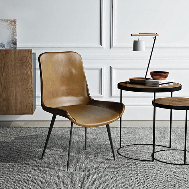 Silla auxiliar de cuero para el hogar moderno, respaldo sólido, silla de comedor con patas de metal