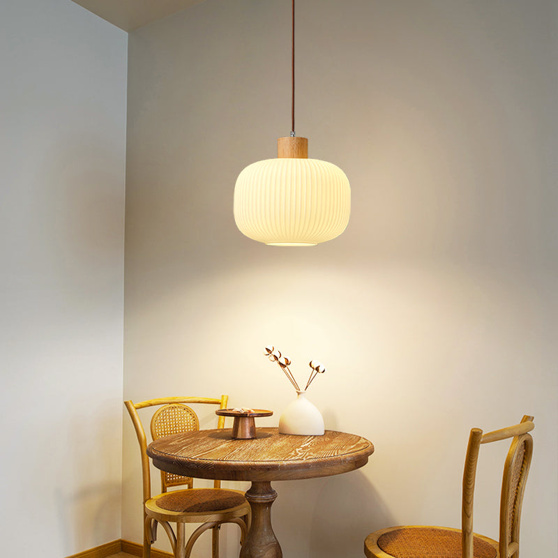 Wooden Geometric Pendant Light in Modern Artistic Style Glass Indoor Hanging Lamp in Log Color