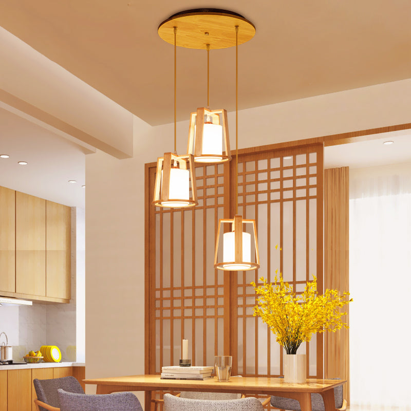 Modern Creative Pendant Light Wooden Geometric Hanging Lamp with White Fabrics Shade