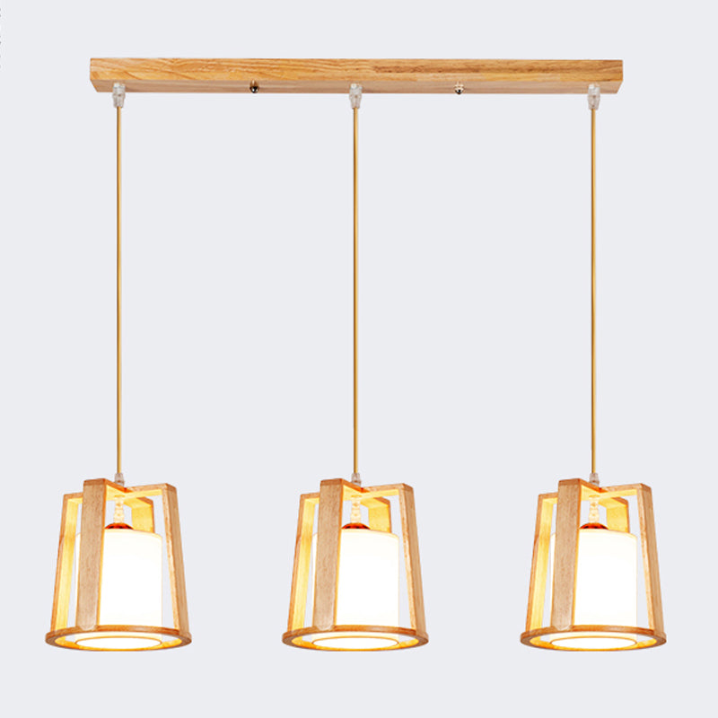 Modern Creative Pendant Light Wooden Geometric Hanging Lamp with White Fabrics Shade