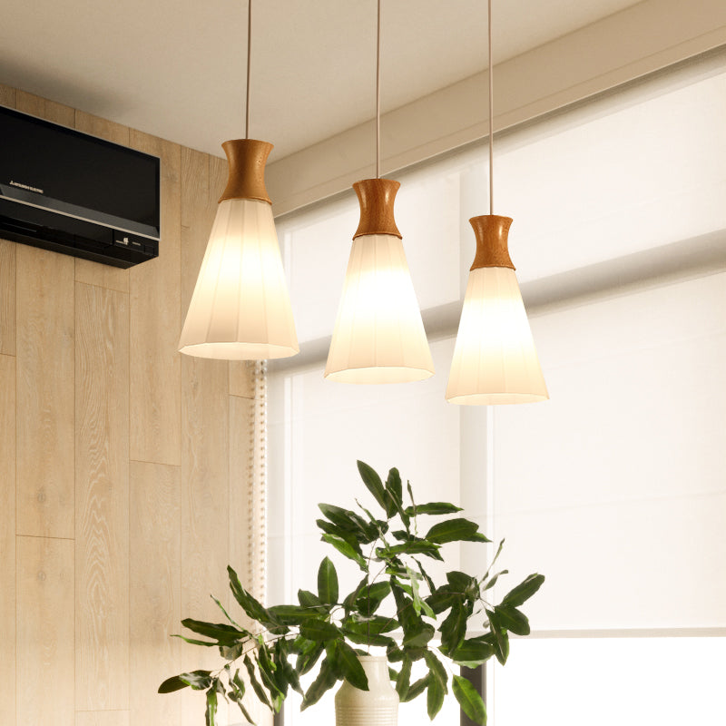 Moderne künstlerische geometrische hängende helle hölzerne Innenlampe mit weißem Glasschatten