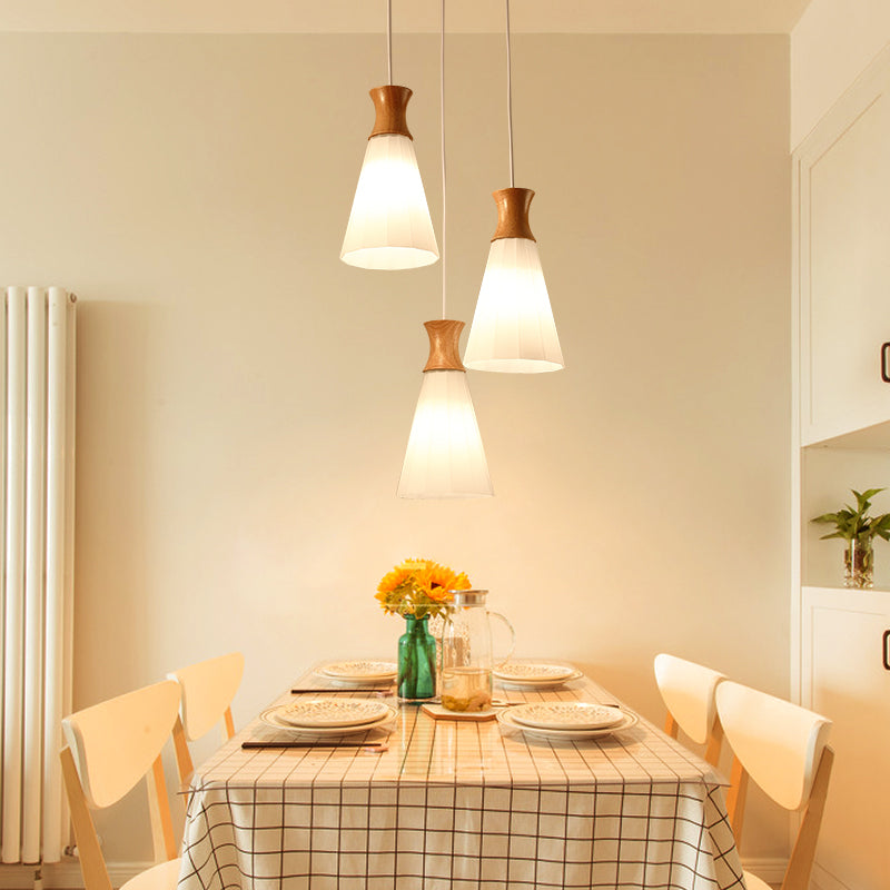 Moderne künstlerische geometrische hängende helle hölzerne Innenlampe mit weißem Glasschatten