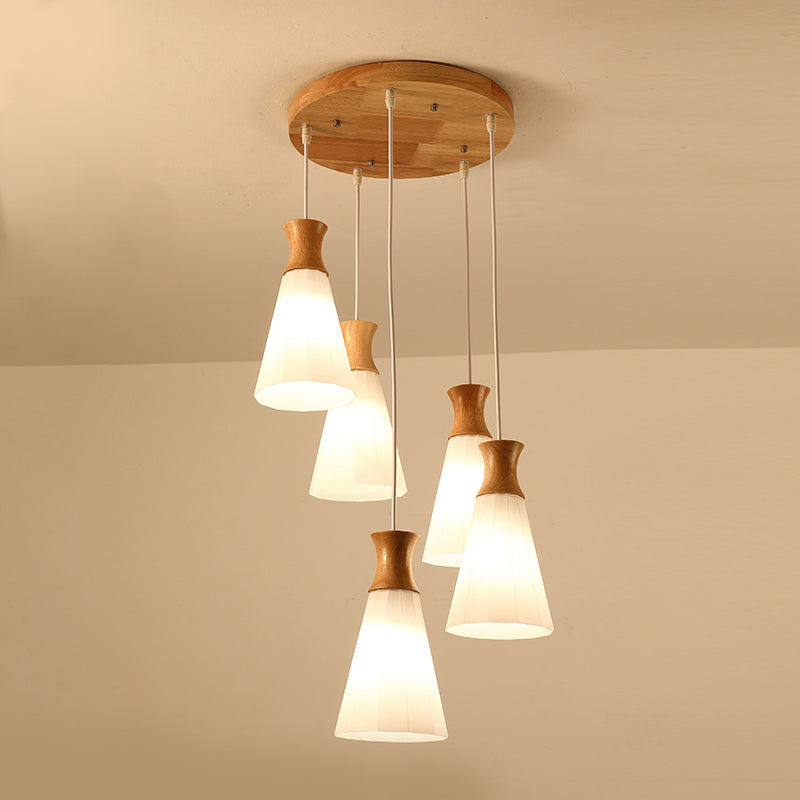 Moderne künstlerische geometrische hängende helle hölzerne Innenlampe mit weißem Glasschatten