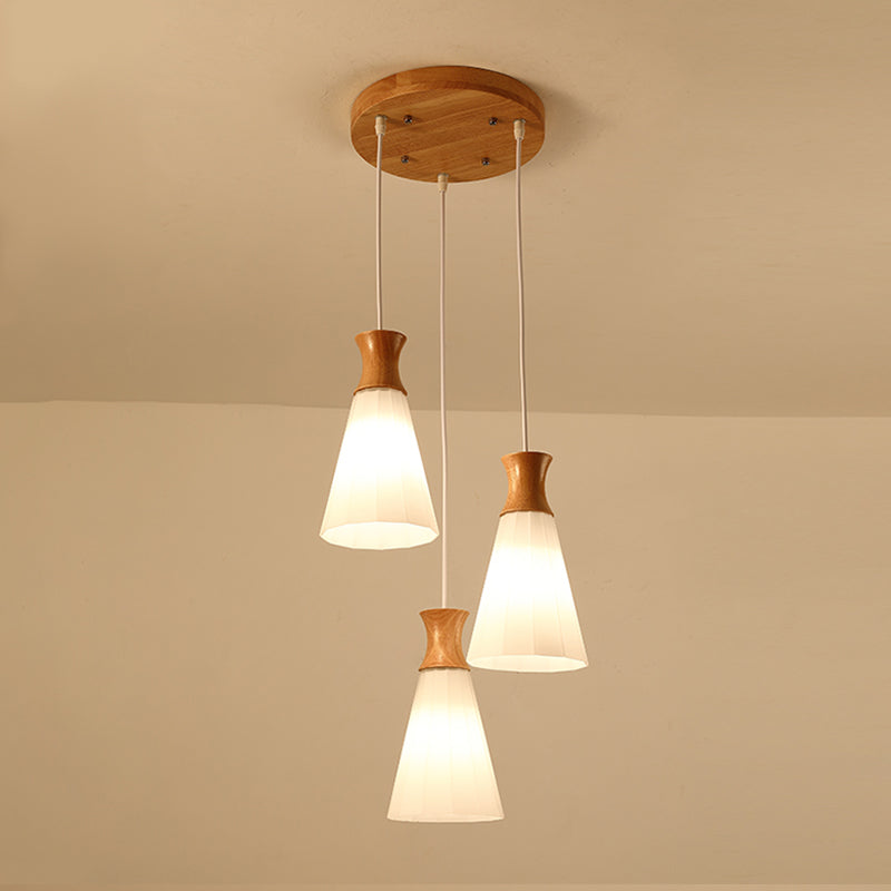 Moderne künstlerische geometrische hängende helle hölzerne Innenlampe mit weißem Glasschatten