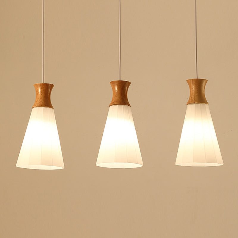Moderne künstlerische geometrische hängende helle hölzerne Innenlampe mit weißem Glasschatten