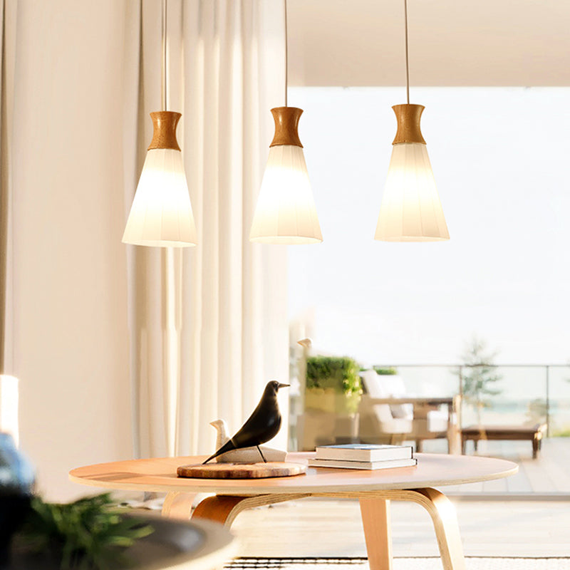 Modern Artistic Geometric Pendant Light Wooden Indoor Hanging Lamp with White Glass Shade