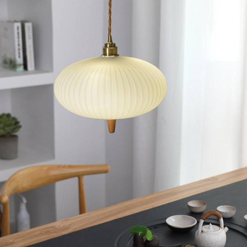 Wooden Geometric Pendant Light in Modern Artistic Style Copper Indoor Hanging Lamp with Glass Shade