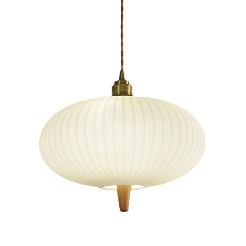 Wooden Geometric Pendant Light in Modern Artistic Style Copper Indoor Hanging Lamp with Glass Shade