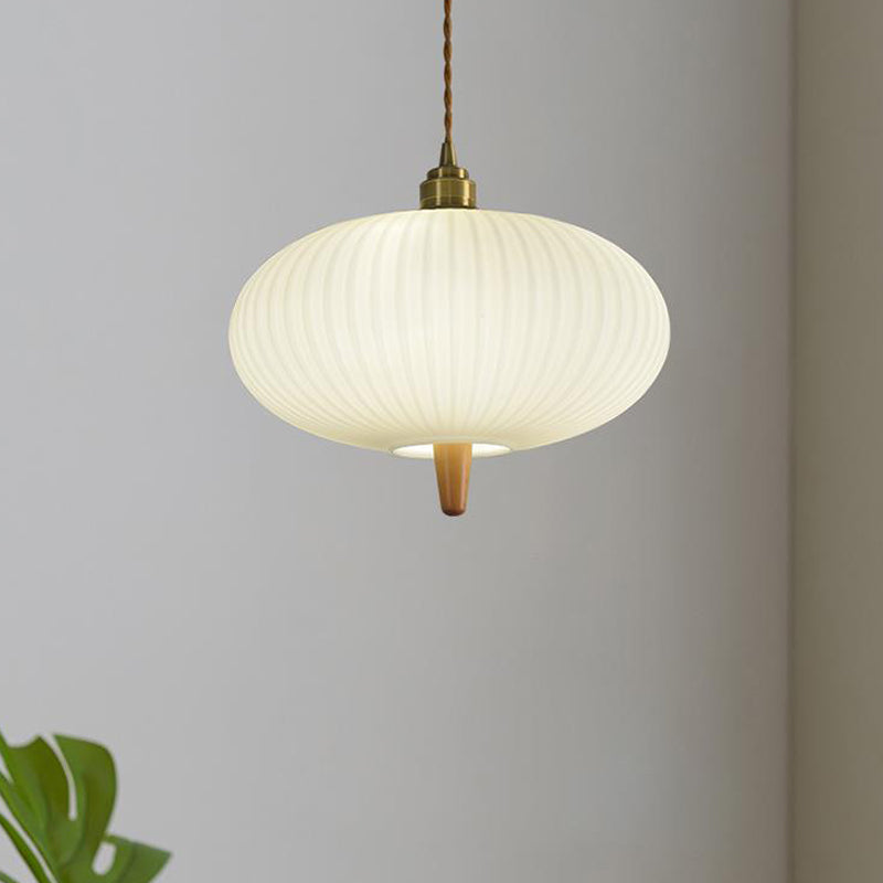 Wooden Geometric Pendant Light in Modern Artistic Style Copper Indoor Hanging Lamp with Glass Shade