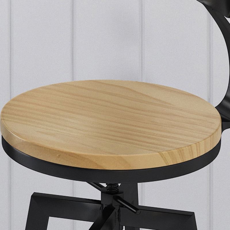 Industrielle höhenverstellbare schwarze Barhocker aus Eisen und Holz mit rundem Sitz
