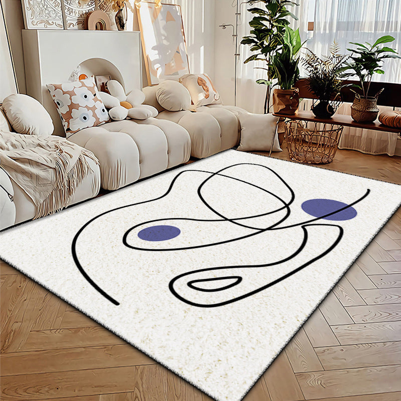 White Modern Rug Polyester Abstract Face Rug Non-Slip Backing Area Rug for Drawing Room