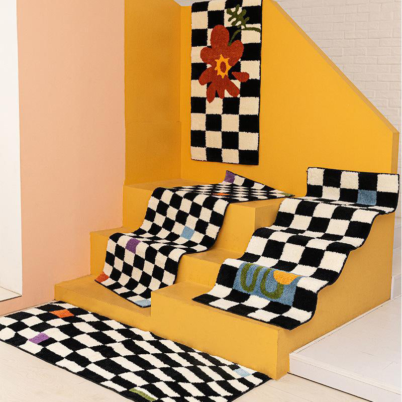 Black Modern Rug Polyester Grating Rug Stain Resistant Rug for Living Room