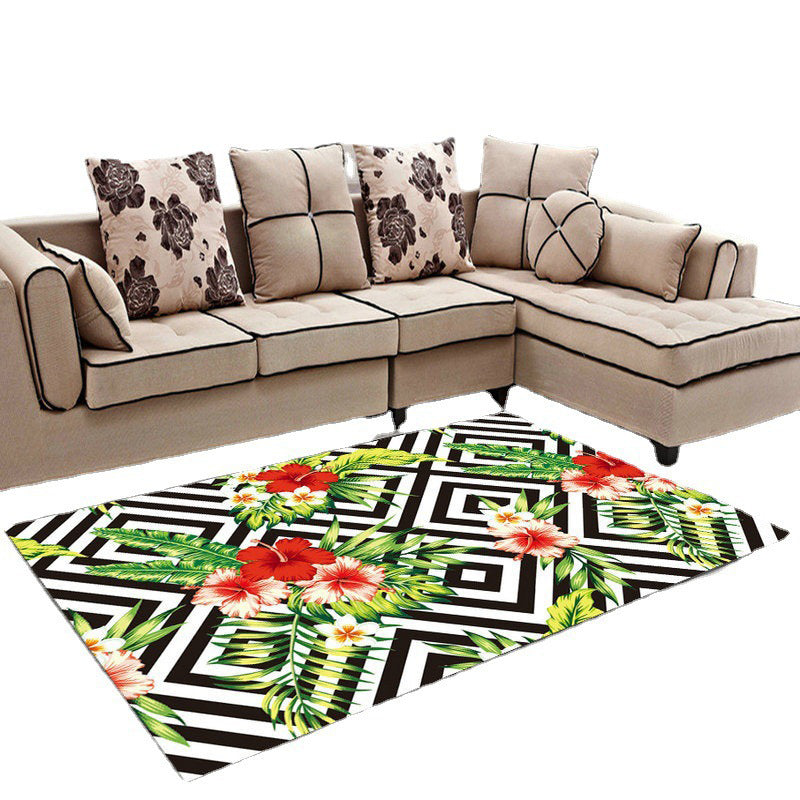 White Abstract Pattern Rug Polyester Modern Rug Washable Rug for Living Room
