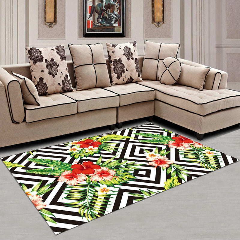 White Abstract Pattern Rug Polyester Modern Rug Washable Rug for Living Room