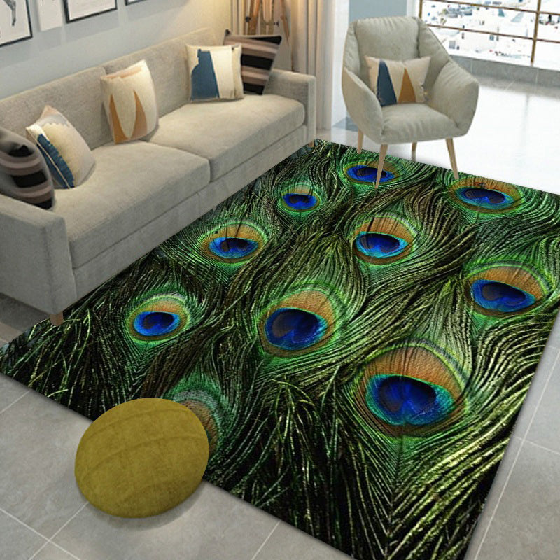 Dark Green Peacock Feathers Rug Polyester Modern Rug Washable Rug for Home Decor