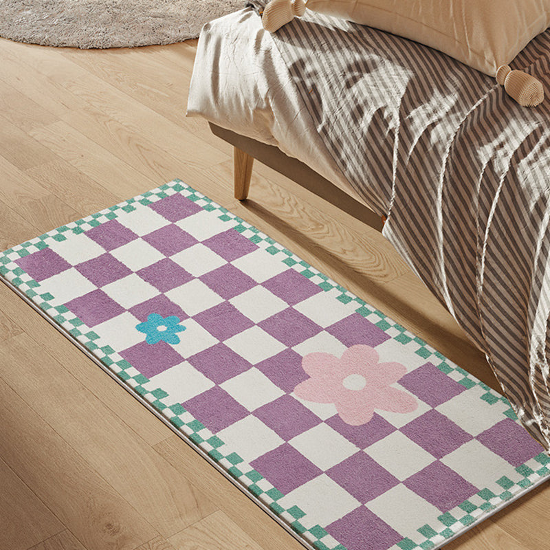 Dark Purple Grid Rug Polyester Nordic Rug Non-Slip Backing Rug for Home Decor