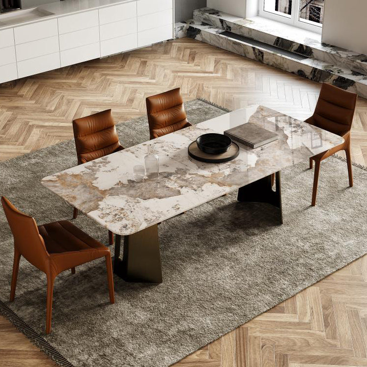 Rectangle Traditional Luxury Table Sintered Stone Table with Gold Double Pedestal