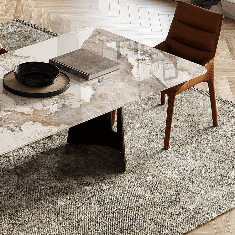 Rectangle Traditional Luxury Table Sintered Stone Table with Gold Double Pedestal