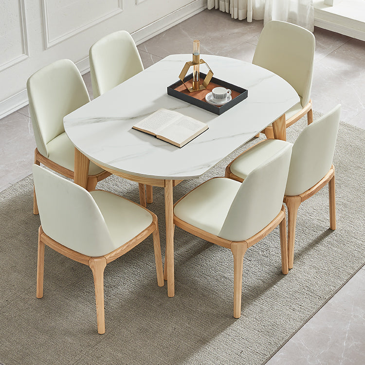Round Contemporary Dining Room Table White Sintered Stone Table with 4 Ash Solid Wood Legs