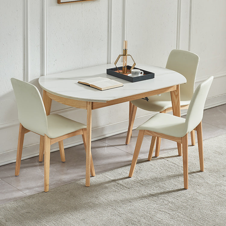 Round Contemporary Dining Room Table White Sintered Stone Table with 4 Ash Solid Wood Legs