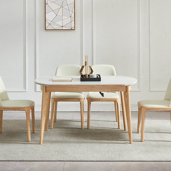 Round Contemporary Dining Room Table White Sintered Stone Table with 4 Ash Solid Wood Legs