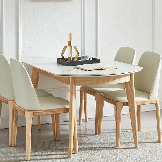 Round Contemporary Dining Room Table White Sintered Stone Table with 4 Ash Solid Wood Legs