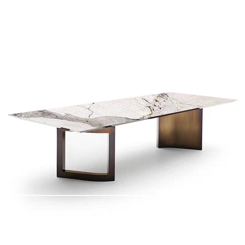 Mesa de comedor de lujo tradicional rectángulo Mesa de piedra sinterizada con pedestal doble dorado