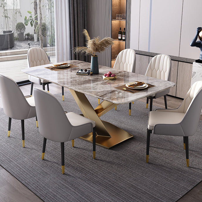 Mesa rectangular de lujo tradicional, mesa de piedra sinterizada gris con base de pedestal dorado