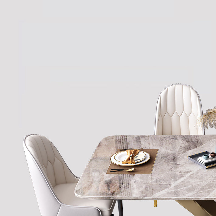 Mesa rectangular de lujo tradicional, mesa de piedra sinterizada gris con base de pedestal dorado