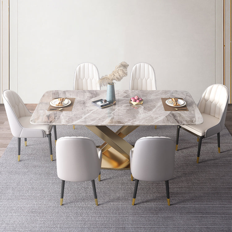 Mesa rectangular de lujo tradicional, mesa de piedra sinterizada gris con base de pedestal dorado