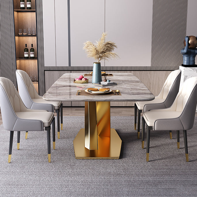 Mesa rectangular de lujo tradicional, mesa de piedra sinterizada gris con base de pedestal dorado