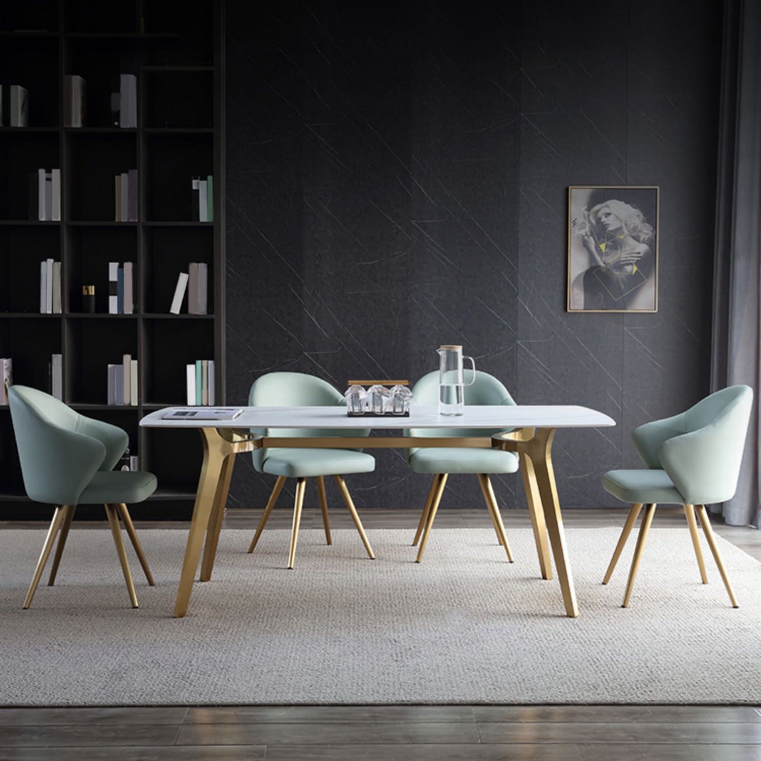 Traditionele luxe eettafel Sintered Stone 4 Legs Tafel met gouden frame