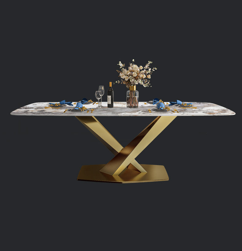 Table à manger de luxe traditionnelle Table de guéridon en pierre frittée rectangulaire avec cadre doré