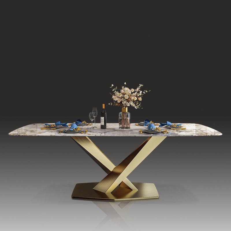 Table à manger de luxe traditionnelle Table de guéridon en pierre frittée rectangulaire avec cadre doré